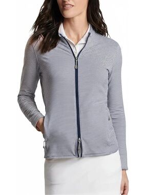 New Peter Millar Women's Katy Sugar Stripe Full Zip Golf Jacket - Navy Sz L